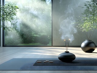 Tranquil Incense: A serene zen-inspired interior space. The delicate incense smoke gracefully ascends, enhancing the sense of calm and peace.
