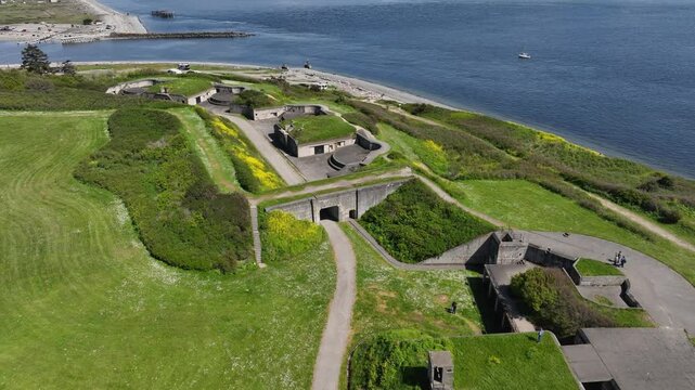 Overhead drone shot of Coupeville's Fort Casey, a retired military facility.