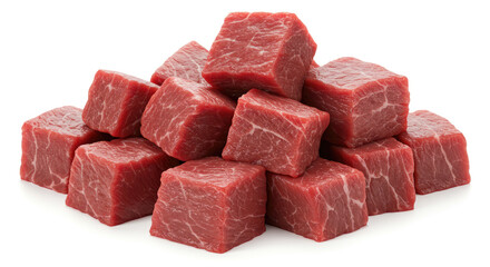 Fototapeta premium Fresh Raw Beef Cubes on White Background - High-Resolution Food Image