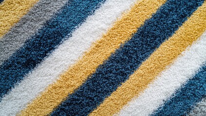 Close-up view of textured fabric with diagonal stripes in gray, blue, and yellow