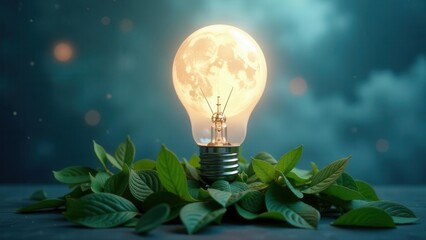 Illuminating Nature A Moonlit Bulb Nestled Among Verdant Foliage, Symbolizing Sustainable Energy and Environmental Harmony