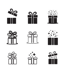 This set features nine simple black and white gift box icons.