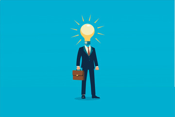 Businessman with a Light Bulb Head, Creative Idea Concept. Illustration of a businessman dressed in a formal suit and tie, holding a brown briefcase, with a light bulb replacing his head.
