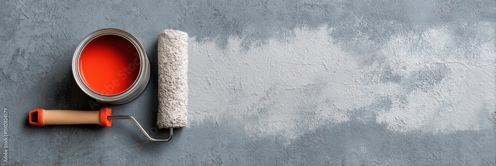 Poster painting tools on a concrete surface with clean areas created by a roller and paint can for home ren