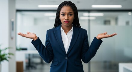 Confused businesswoman shrugging in office