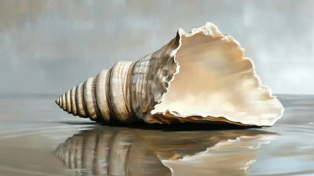 A beautifully detailed seashell resting on a reflective surface with a soft, blurred background