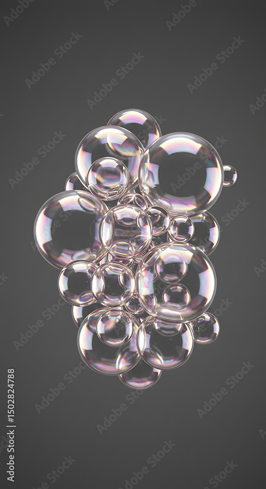 Poster iridescent soap bubbles cluster abstract background 3d render floating spheres