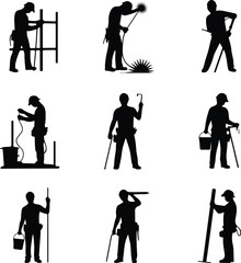 Construction Workers Silhouette Set – Builder, Engineer, Labor Vector Pack Silhouettes of Construction Men at Work – Industrial Worker Graphic Set