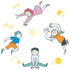 輪を描くように飛んだり座ったりしている小学生たち　セットのストックイラスト素材
