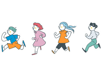 元気に走る小学生たち　セットのストックイラスト素材
