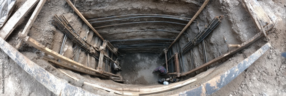 Poster excavation pit with reinforcing bars viewed from above at a construction site