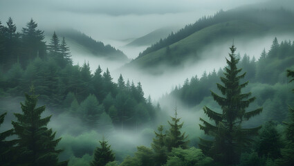 Foggy mountain landscape with pine trees and morning mist