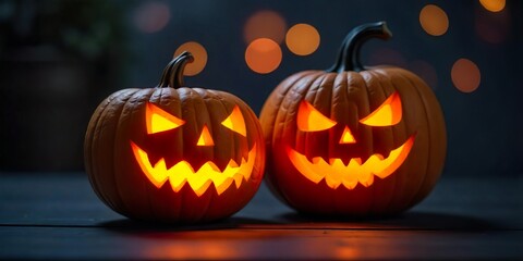 Two carved jack-o'-lanterns, one large and one smaller, positioned on a dark surface. The background is a dark, moody backdrop of blurred, colorful lights, suggesting a festive but shadowy ambiance.  