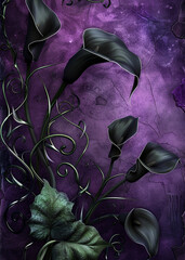 Dark floral background design with purple tones and intricate plant details for artistic projects, generative ai