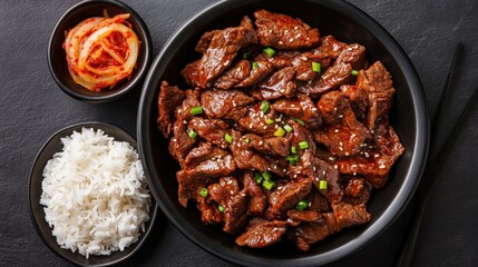 A bowl of Korean beef bulgogi with white rice and kimchi, garnished with green onions, served on a black plate.