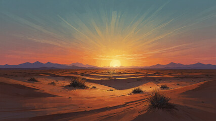 Naklejka premium Vibrant Western Desert at Sundown with Painted Sky and Shrubland 