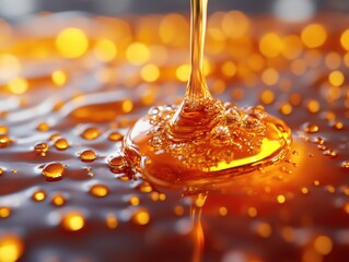 Close-up of golden syrup dripping onto a reflective surface with droplets