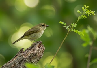 Obraz premium Olive-green bird on a branch with blurred green background.