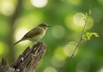 Obraz premium Olive-green bird on a branch with blurred green background.