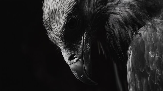 Dramatic black and white close-up portrait of a majestic eagle. A powerful and intense low-key image highlighting the bird's sharp beak and fierce gaze generative ai