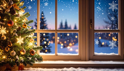 An AI generated image of Christmas background with fir tree, lights and snowflakes on window