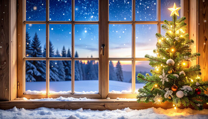 An AI generated image of Christmas background with fir tree, lights and snowflakes on window