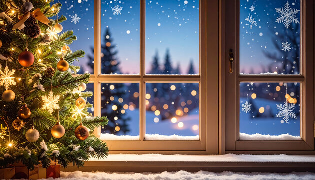 An AI generated image of Christmas background with fir tree, lights and snowflakes on window