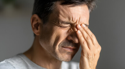 Fototapeta premium Man with Headache Touching Eye, Pain, Migraine, Stress, Tired, Suffering, Health Problem, Eye Strain, Discomfort, Frustration
