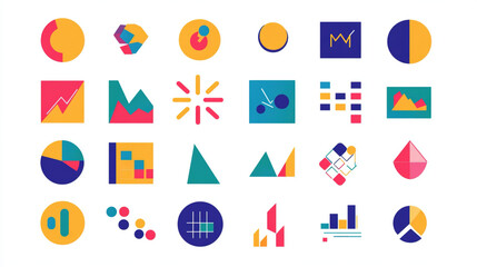 Simple flat business icon set in bright colors and clean lines covering corporate themes such as finance, teamwork and growth isolated on white background. Modern vector style design
