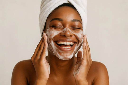 Happy black woman cleansing face spa. Female with perfect skin at facial beauty treatment. Smiling, laughing person enjoying self-care routine with foam skincare products. Beautiful cosmetology
