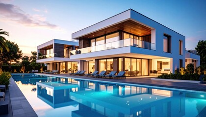 Fototapeta premium Modern House with Swimming Pool at Sunset