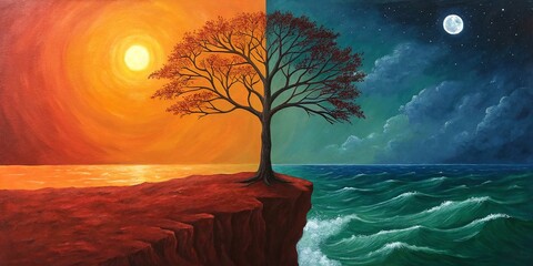 A solitary tree on a cliff separates the stark contrast between day and night