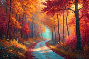 An winding road with scattered leaves flows through a vibrant autumn forest landscape