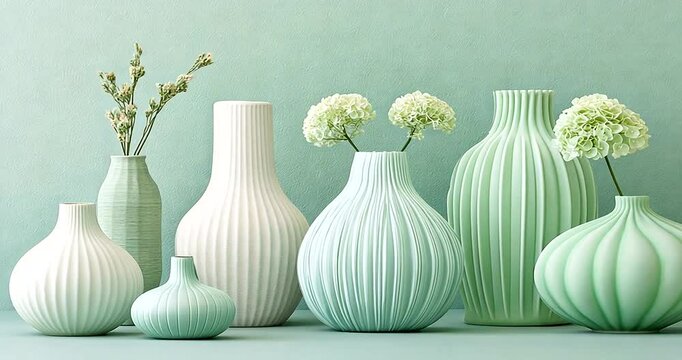Collection of decorative vases in light mint and off-white hues.