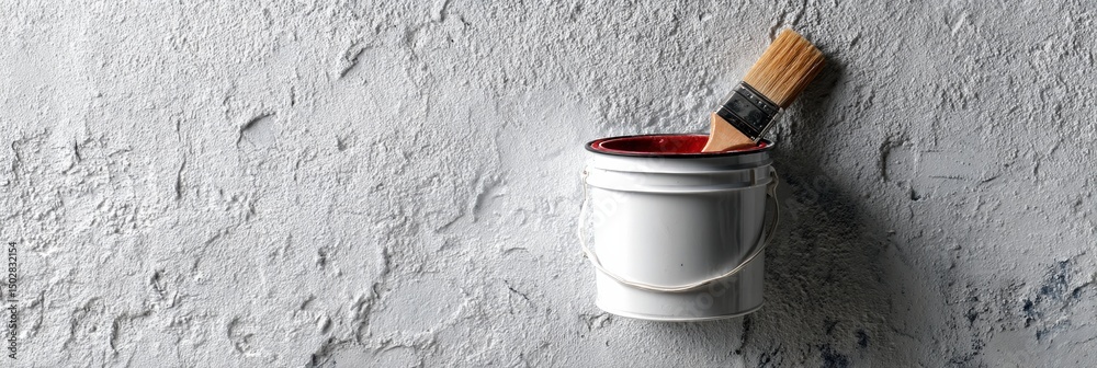 Poster Primer Paint Bucket and Brush Resting on a Textured Wall, Preparing for the Painting Process in a Renovation Project