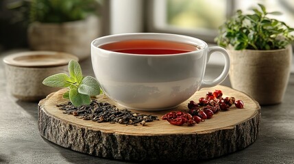 White teacup filled with hot tea, herbs, and spices on a wooden slice