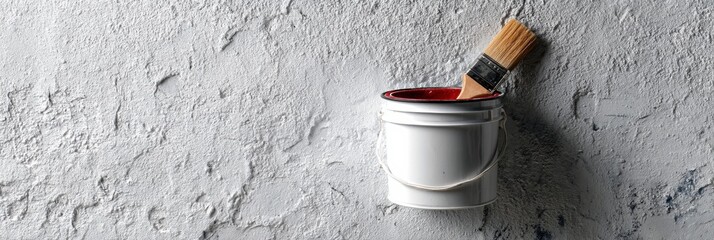 Primer Paint Bucket and Brush Resting on a Textured Wall, Preparing for the Painting Process in a Renovation Project