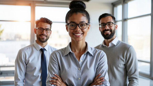 Multi ethnic business team smiling with folded arms while posing together in modern office, showing teamwork, diversity, and inclusion in workplace
