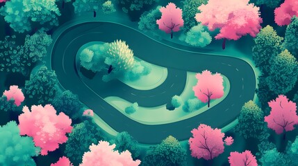 Minimalist aerial view of a curving road through a forest