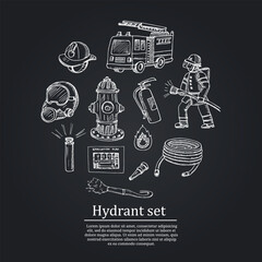 Hydrant hand drawn doodle set. Vector illustration. Isolated elements on white background. Symbol collection.