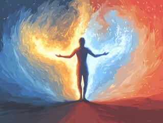 Embracing the Elements: A silhouette of a person, stands resolutely, arms outstretched, between fiery, swirling energy and calming, watery, energy.