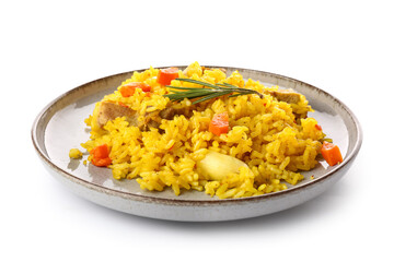 Plate of tasty pilaf with rosemary on white background