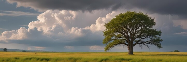 Obraz premium Overcast sky, lone tree in grassy field, fluffy cloud , field, weather, landscape