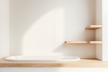 Minimalist bathroom with wooden shelves and bathtub. Sunlight streams in
