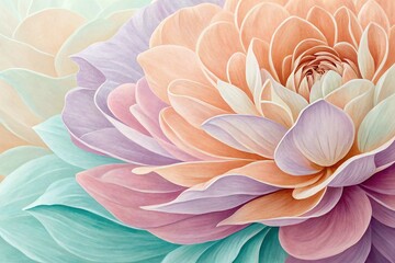 Fototapeta premium Watercolor dahlia shows smooth gradient petals in shades of pink, purple, peach, and turquoise