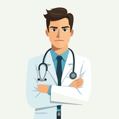 Fototapeta premium Flat vector of focused male doctor with serious expression and arms crossed