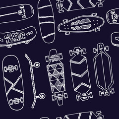 Skateboard hand drawn doodle seamless pattern. Isolated elements on white background. Symbol collection.
