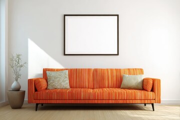 Orange couch in a minimalist living room.