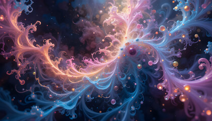 Title: Vibrant Cosmic Nebula with Swirling Colors and Floating Spheres