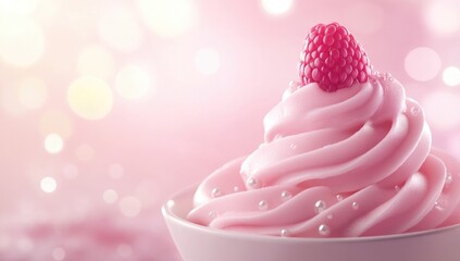 Pink frozen yogurt topped with raspberry